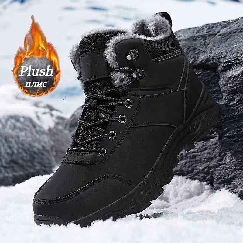 Men’s warm winter high-top boots with thick soles and fleece lining for snow and outdoor use.