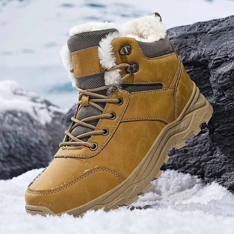 Men’s warm winter high-top boots with thick soles and fleece lining for snow and outdoor use.