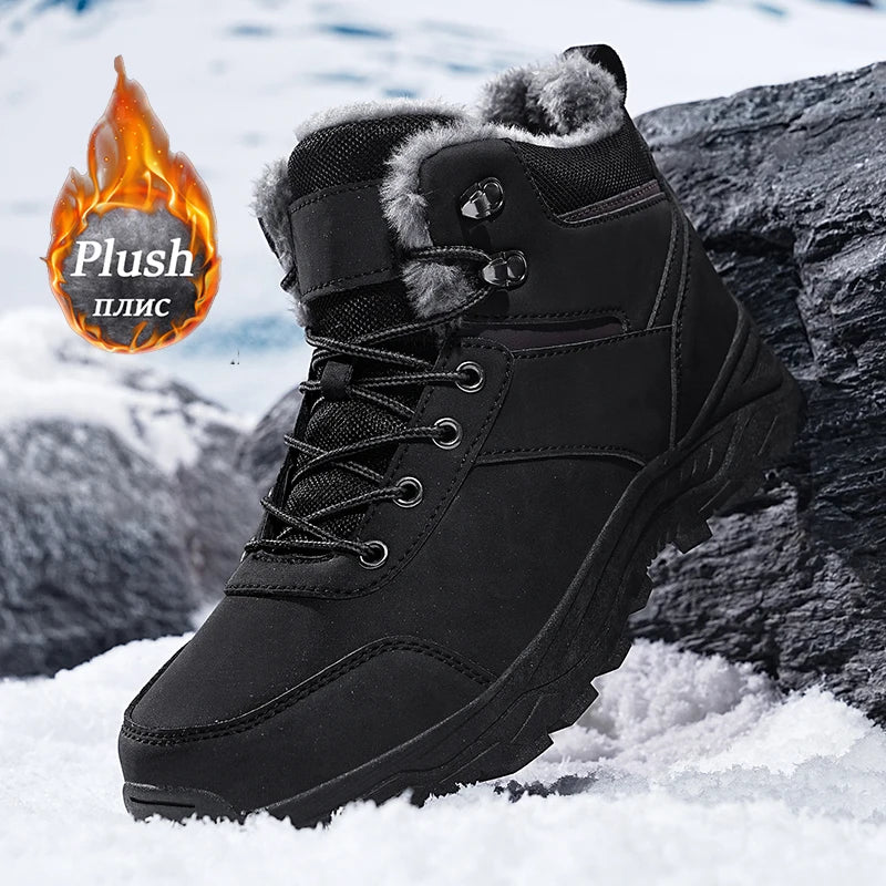 Men’s warm winter high-top boots with thick soles and fleece lining for snow and outdoor use.