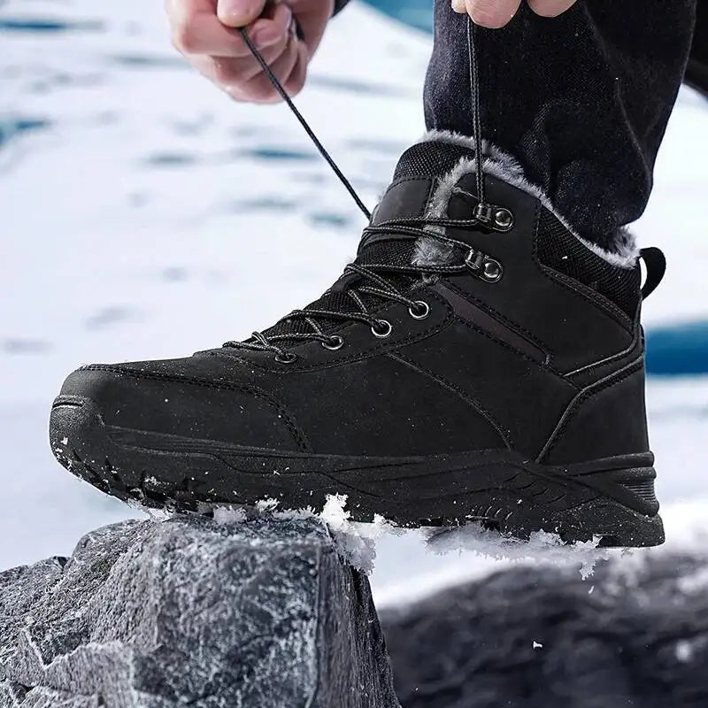 Men’s warm winter high-top boots with thick soles and fleece lining for snow and outdoor use.