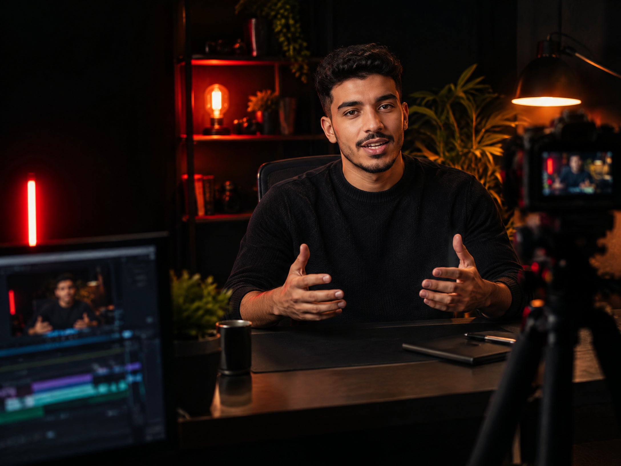 Créateur filmant son contenu dans un studio chaleureux